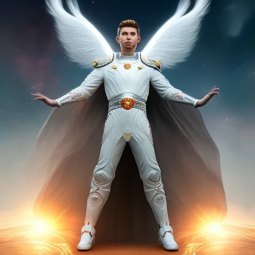 The first image is of the main character's full body. He’s to look like a powerful angel, symbols on his hands glowing, His background should be that of space above with stars and standing on a paradise of a planet. His belt can transform into a white dragon.