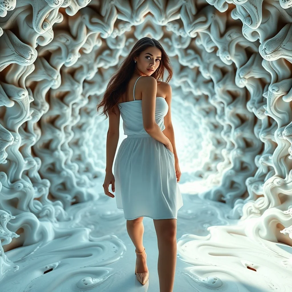 A full-body shot of a beautiful lady walking and looking at the camera 3D fractal recursive structure environment