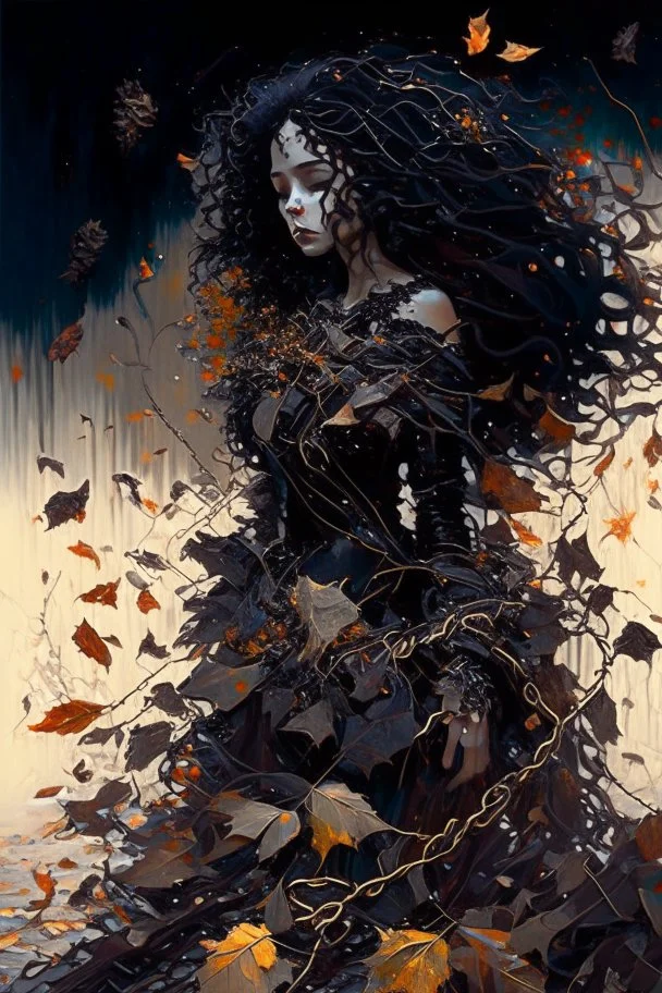 abstract creation of a beautiful girl with black curly hair, surrounded by black roses, thick metal chain broken, glass petals on the ground, autumn colours,dried out thorn bush, chaos,