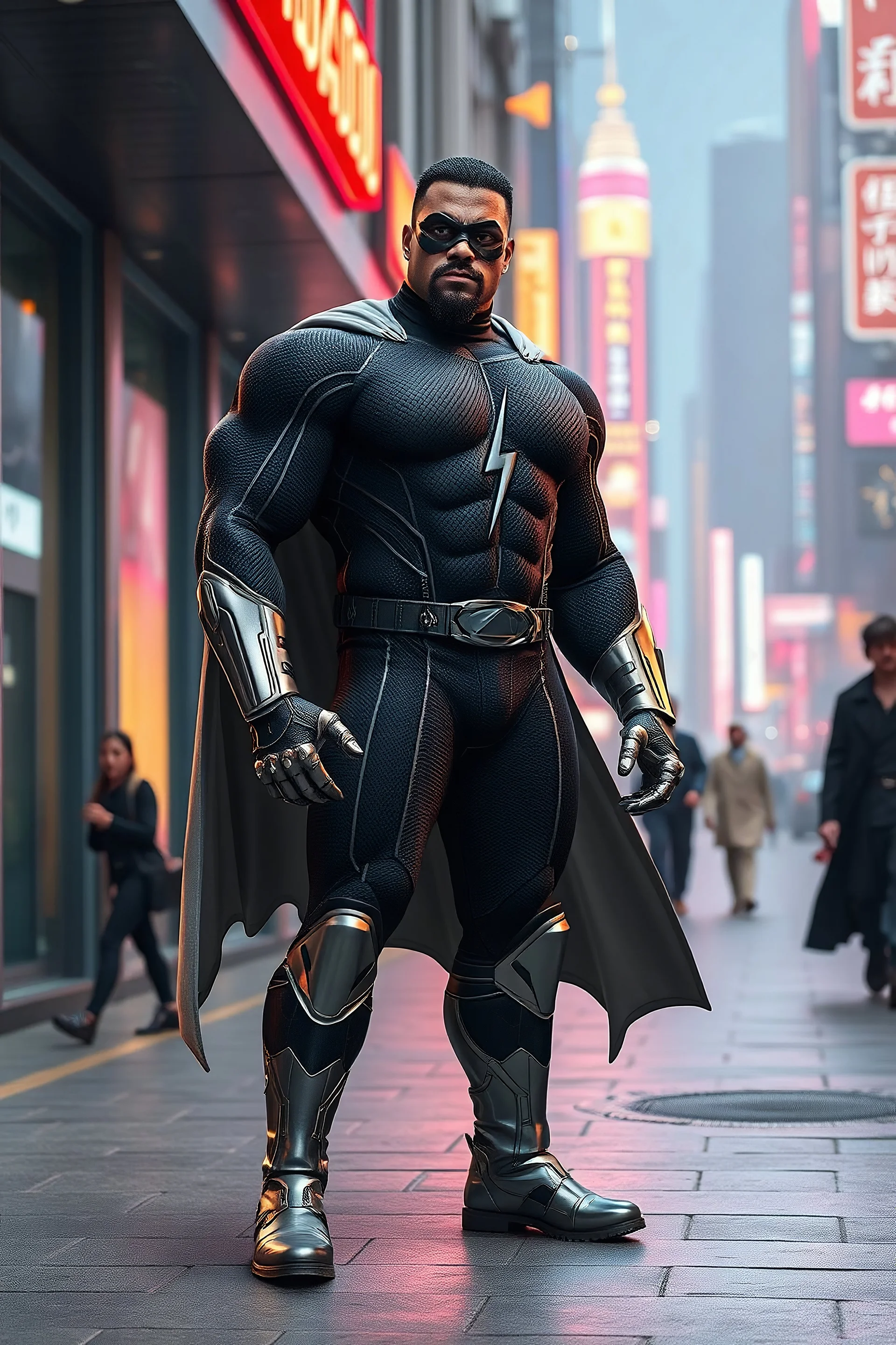 A giant, muscular man with extra-short, crew cut, black hair, blue eyes, short, trimmed goatee, standing stoically on the street in the neon lit, futuristic City of Xanadu prime, wearing a long-sleeved, highly textured, black body suit with gray piping that forms to his muscular frame, he has a silver lightning belt, silver wrist gauntlets, silver, knee-high boots, gray cape, he has the symbol of Xanadu Prime on his chest, and a thin black leather bandit eye mask