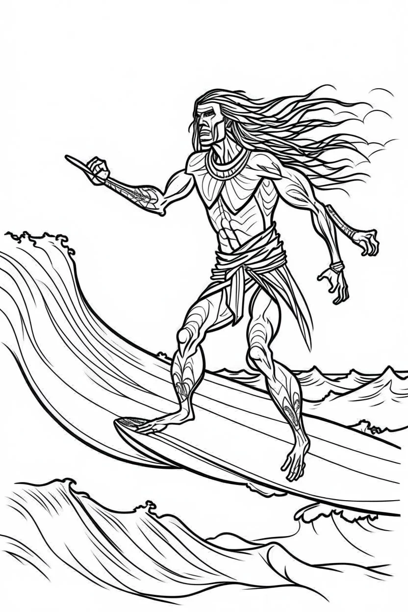 Outline art for coloring page OF A BUFF NATIVE SURFER WITH HIS FACE COVERED BY HIS LONG HAIR WEARING SHORTS RIDING A SURFBOARD ON A WAVE, coloring page, white background, Sketch style, only use outline, clean line art, white background, no shadows, no shading, no color, clear