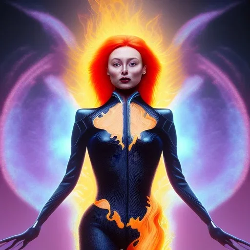 Dark Phoenix, X-Men , Jean Gray. hyperfantastic,hyperscifi,unreal engine,3D,best colours,deep purple . fire theme .blue neon smoke.cinamatic,full cinematic lights.beautiful body and hands details,beautiful face details,8k,hyperdetails.by alan parker.ann dittman