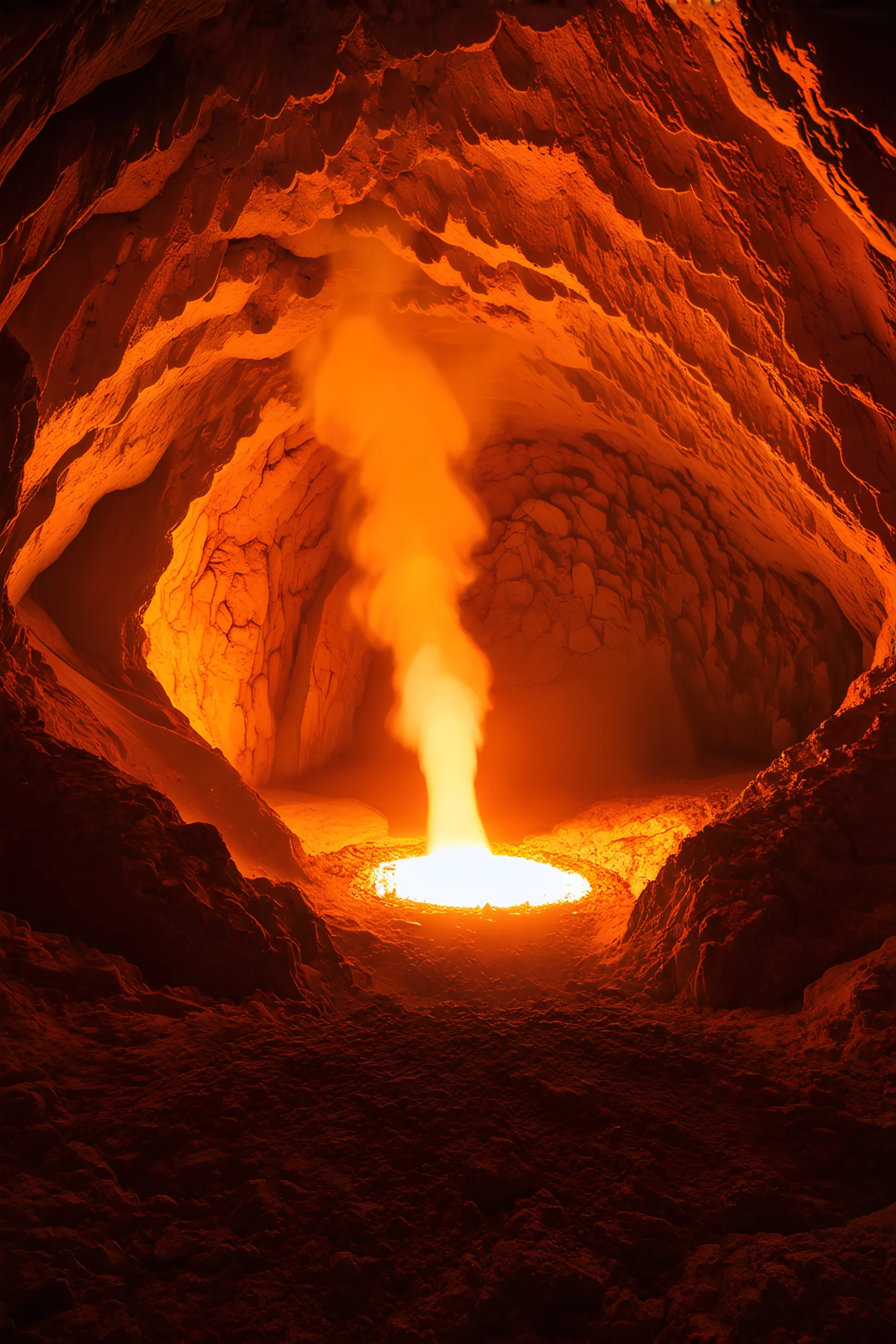 geothermal power plant inside a cave surrounded by glowing orange crystals