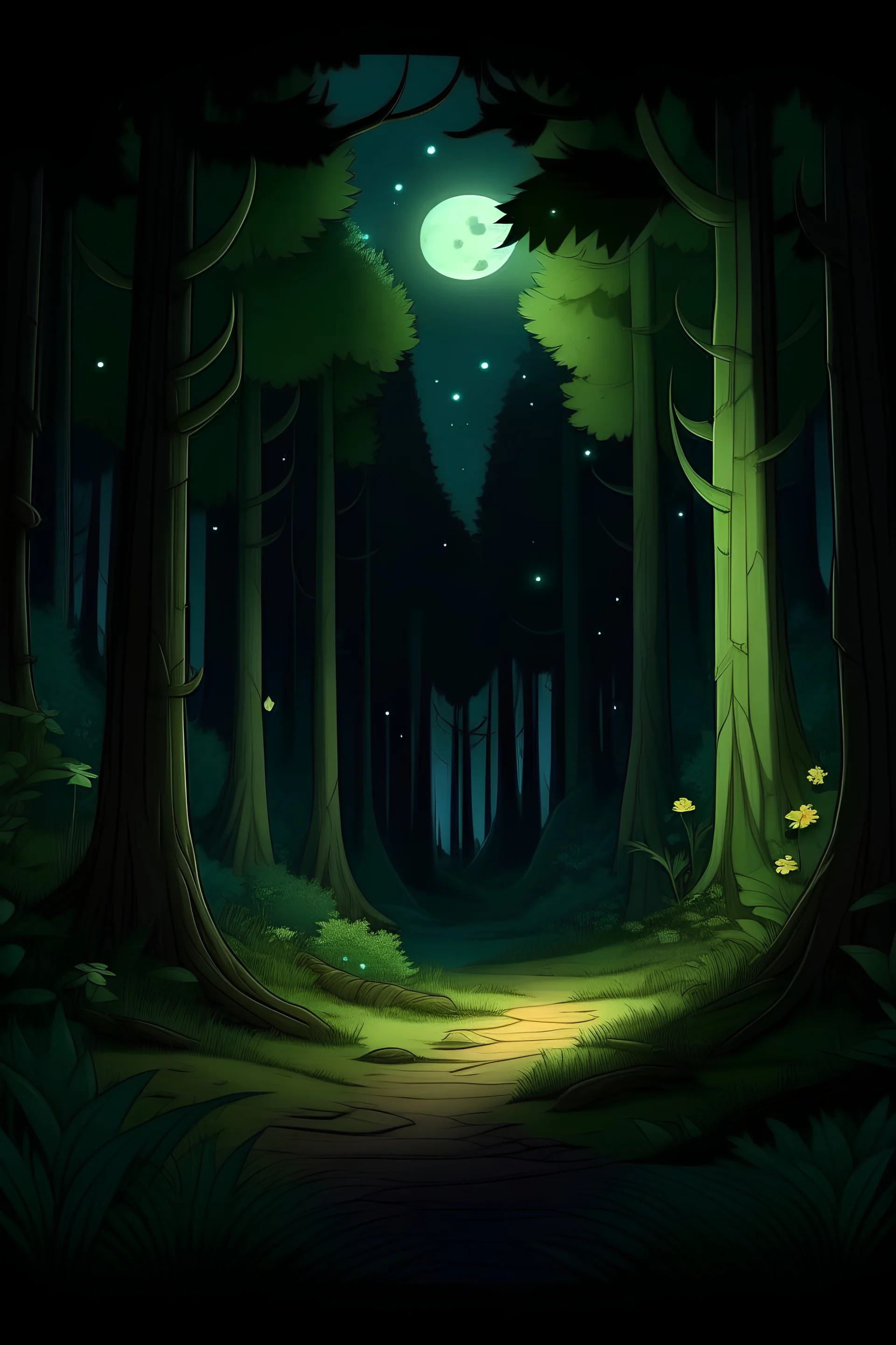 Tolong buatkan saya gambar kartun suasana malam di hutan
