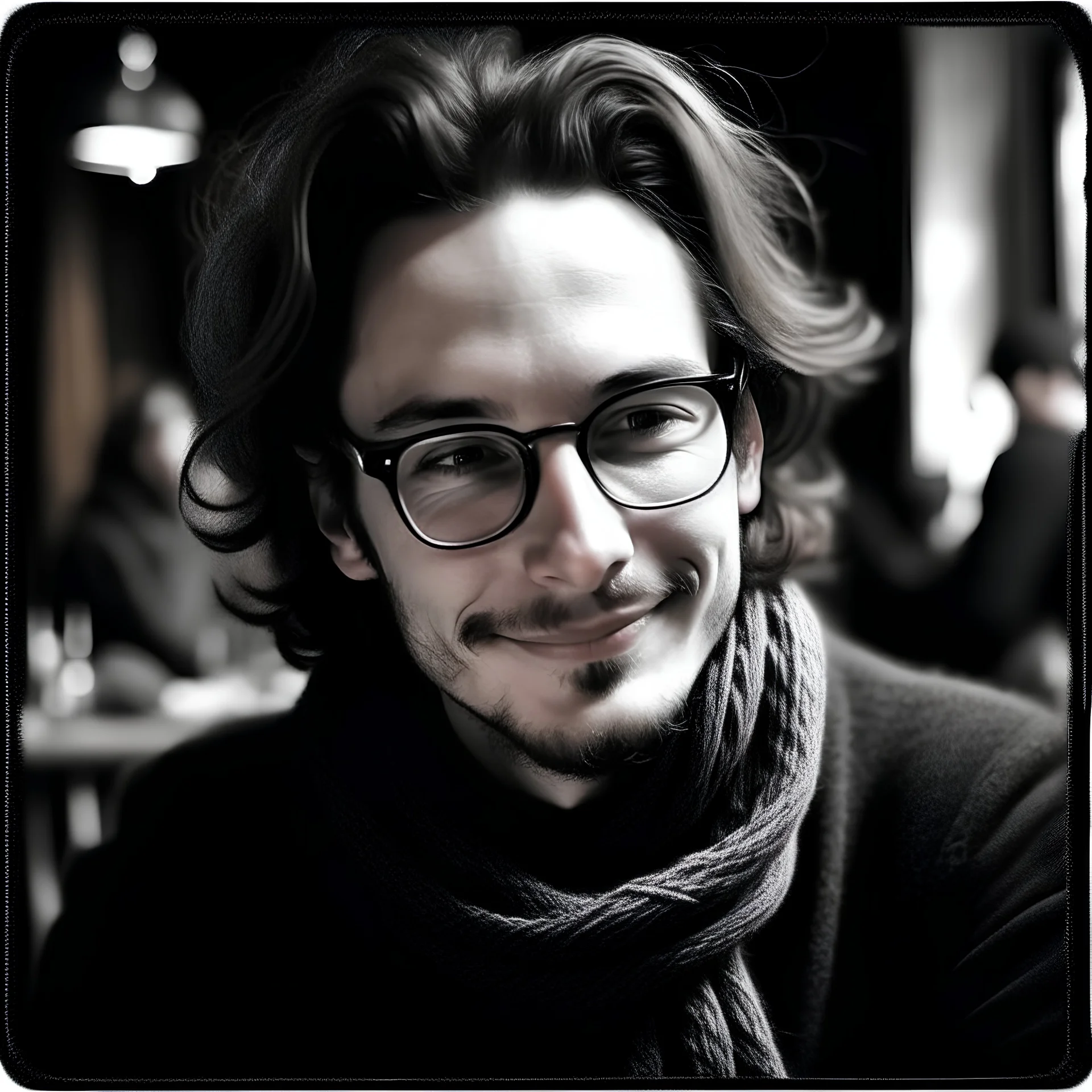 Young, no beard, tousled hair, deep eyes, big smile, black turtleneck jumper, black scarf, eyes forward, at a wedding, looking at others and smiling, black hair with a touch of grey, high nose, American, double eyelids, warm vibe, full of love，colourful picture, wear glasses, man， No wrinkles at the corners of the eyes, no wrinkles at the corners of the mouth