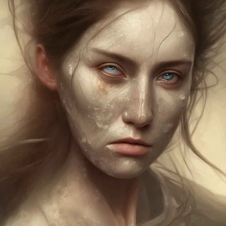 portrait of woman with a somber look and dissolving face, highly detailed color oil painting.