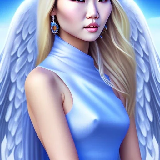 portrait of a beautiful mongolian woman with an angel face smiling,long blond hair, blue eyes, pink and blue dress, jewels, soft light aura