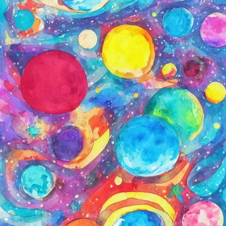 colorful planets. ink, poster, acrylic