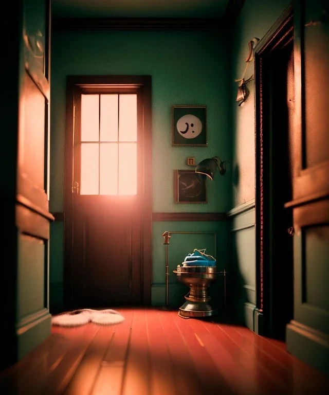 Wes Anderson photographer, night, monster peeking behind the ajar door, Ultra realistic, punk style, wide angle view, soft color, highly detailed, unreal engine 5, ray tracing, RTX, lumen lighting, ultra detail, volumetric lighting, 3d, finely drawn, high definition.