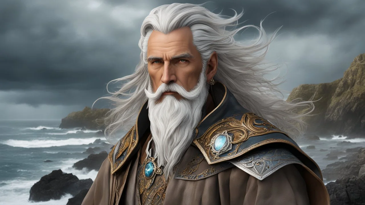 The stately and wise sorcerer named Pealda Stormbringer is walking on a rocky beach looking at a stormy ocean. He is dressed as a lord. He has grey hair and a white beard. beautiful light brown leather gloves. no jewelry. everything is intricately sculpted, exquisite realism, fantasy art, identical eyes, perfect face, Epic cinematic brilliant stunning intricate meticulously detailed dramatic atmospheric maximalist digital matte painting