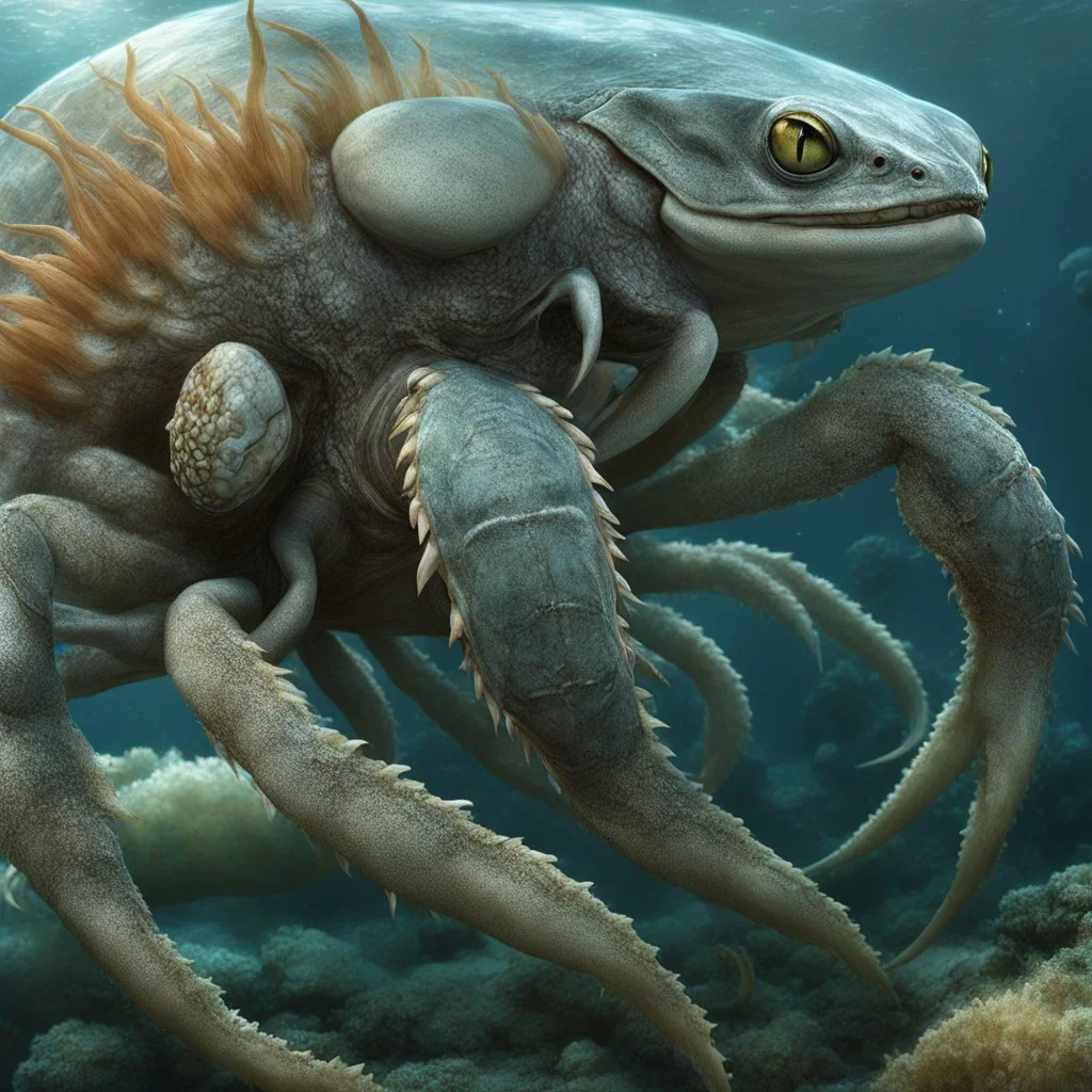 Ultra-photorealistic depiction of a female marine hybrid entity, not illustration, not CGI. Clearly feminine anatomy combined with non-human marine traits. One arm is replaced by a massive crab-like claw with rough calcified surface, mineral wear, micro-cracks, and traces of algae. Hair is entirely composed of thick organic tentacles, heavy at the roots and tapering naturally, with minimal visible suction cups and subtle bioluminescent variation. The body is partially covered by an organic armor