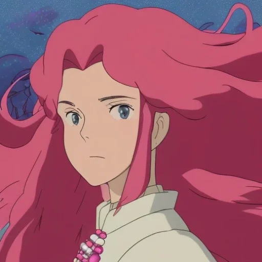 Young, Beautiful, Fire witch, round face, pale skin, wild curly pink hair, red eyes, pink and red eyeshadow, pink glossy lips, wearing a pink witch, wearing a red crystal necklace