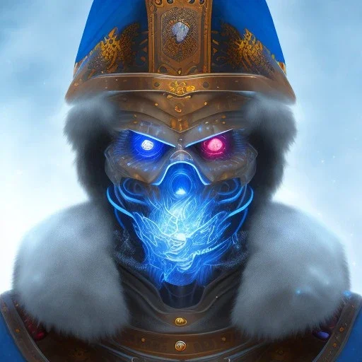 Man , in Blue Medieval Robes, Blue glowing eyes, Ice , slender built , metal mask covering his mout