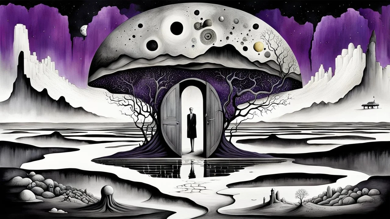 inner world with uncontrolled mind and soul, in center big portrait on little floating island in the cold deep Sahara, around surreal cracked painted weird land, some doors. dark purple, gray, black, white. Whimsical style of Chagall , dark vision of Minjae Lee and René Magritte, lonely face with absurd beauty. broken, weird bizarre deep absurd nightmare, labirynth, neuro-web background, surreal vibe