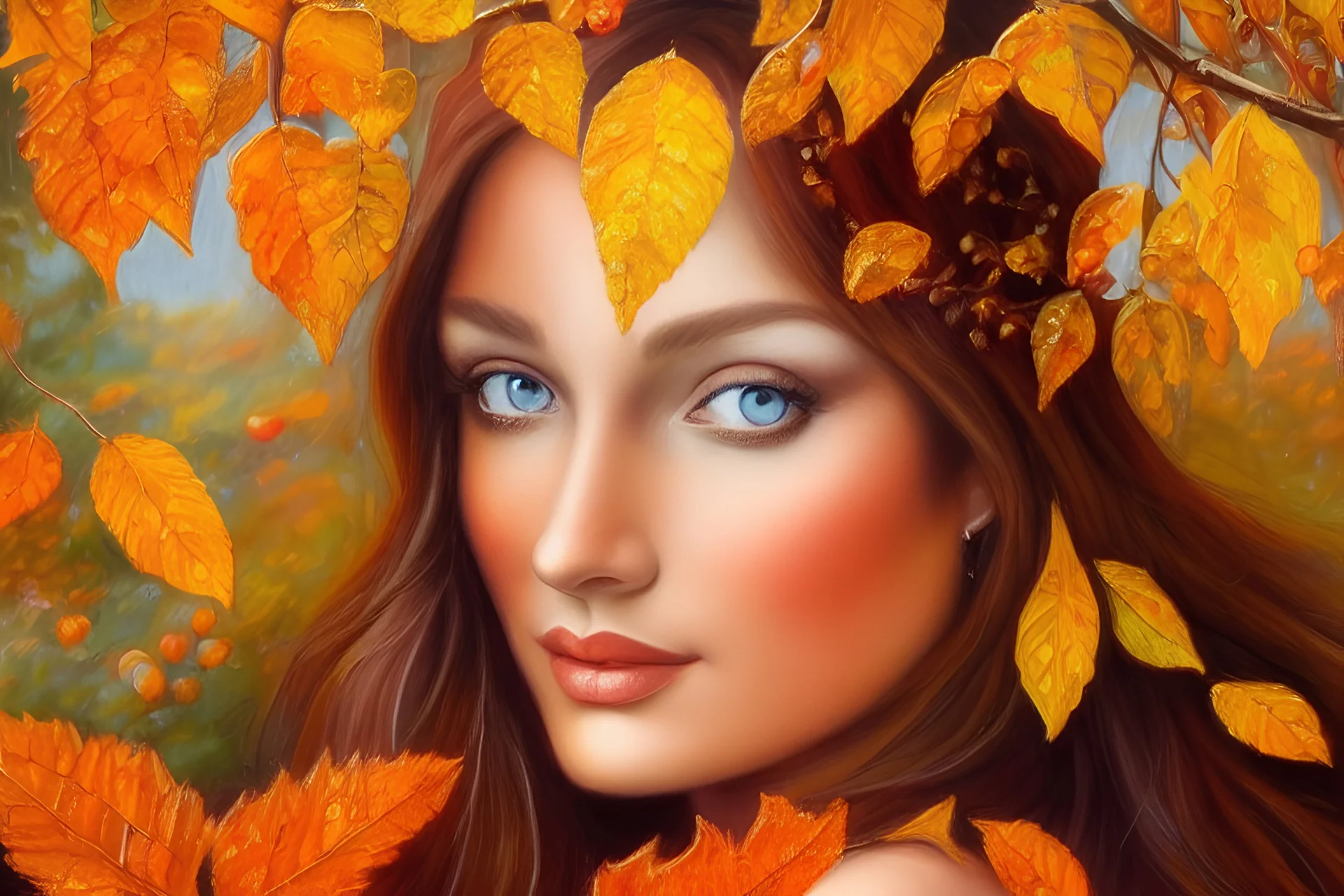 an oil painting of the autumnal equinox, a young beautiful woman surrounded by autumn leaves, detailed eyes, an airbrush painting by josephine wall, deviantart, airbrush art, detailed painting, pre-raphaelite, 3d render, rococo art