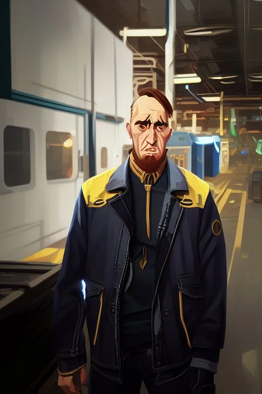 sad man in factory Simon Stalenhag cartoon style