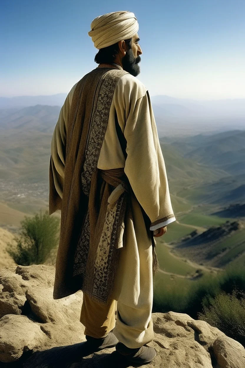 A Morisco general in Arab dress standing from behind on a mountain, his face not visible ​