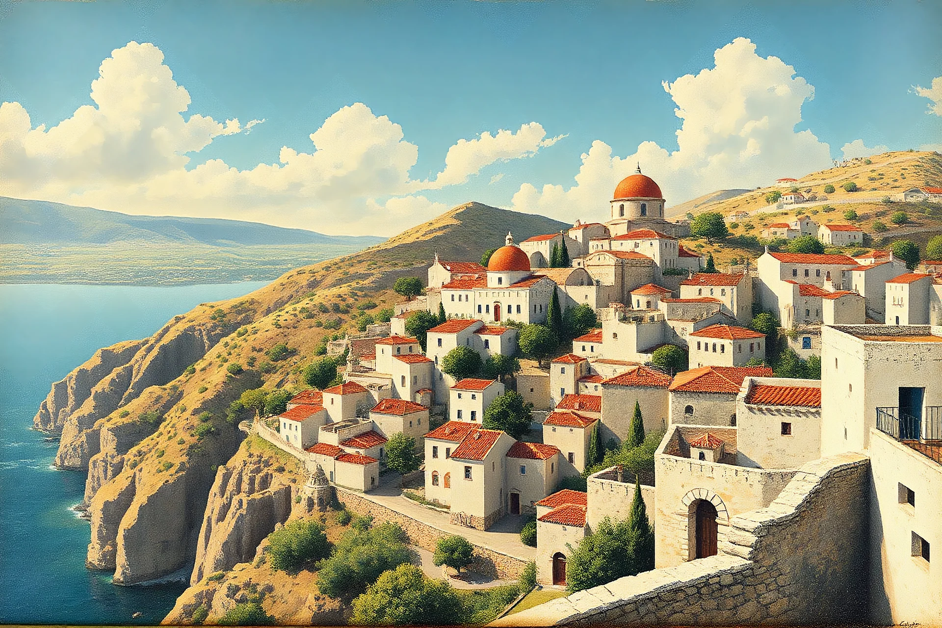 vintage style painting showing an aerial view of an old world Greek village