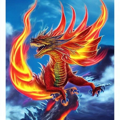 a multicolored dragon with fire blowing out of his mouth and red and black scales on a volcano on a ocean with lava realistic