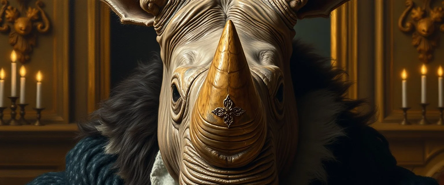 close up portrait painted by Rembrandt, stupid looking furry dragon rhino at banquet