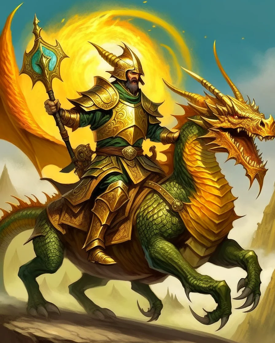 Iranian super soldier with his golden helmet and flaming spears riding a dragon