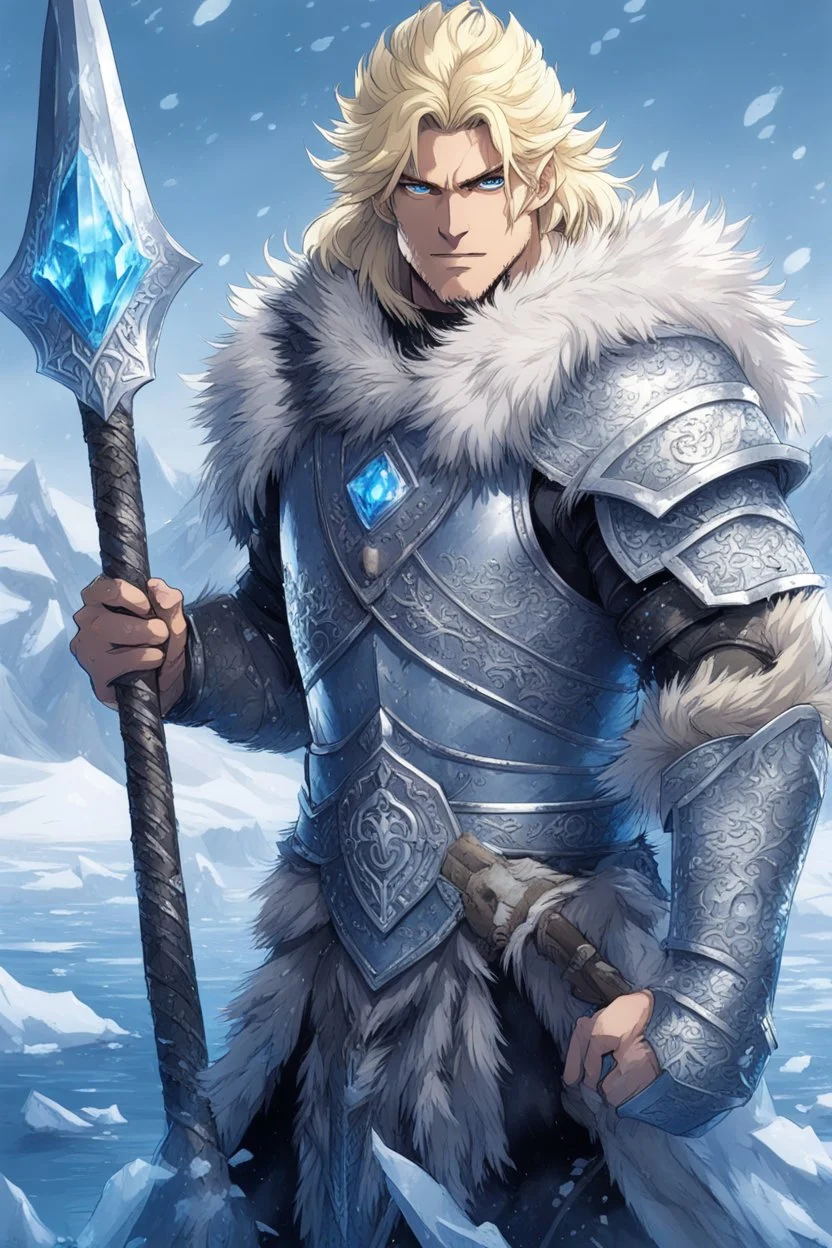 1 anime man. warrior, with blue eyes and blonde hair man in silver Viking armor with fur around the neck with blue crystal on his chest, standing in water in the artic, holding a ice axe, warrior in, anime style