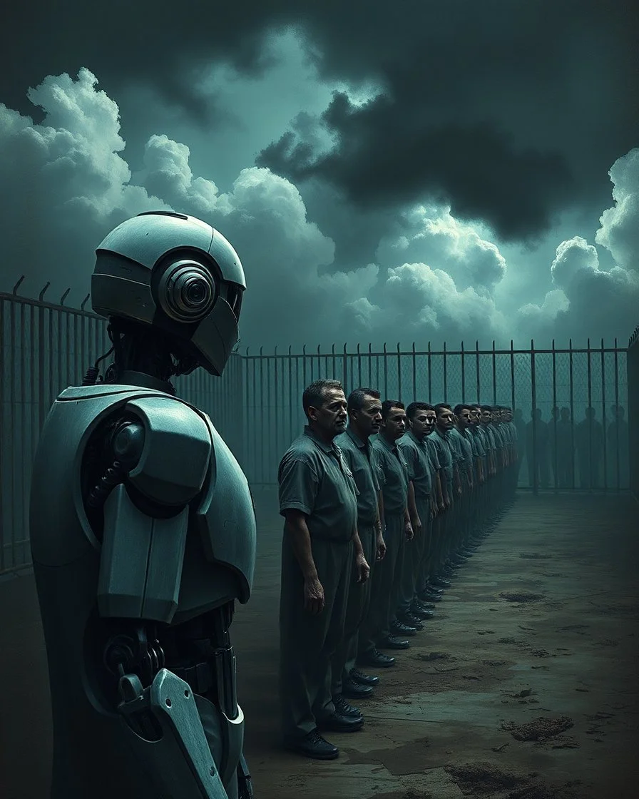 Bosch painting style, nightmare , an Ai robot prison guard watching a human prisoners lined up in line one after another , great quality picture with cinematic scenes , heavy clouds in the background