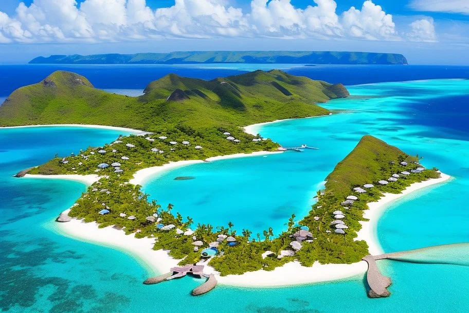 Impressive paradise islands, with elegant and luxurious futuristic homes on cliffs, vibrant and warm tones. Architecture, natural beauty, crystal clear waters, sun and lush vegetation