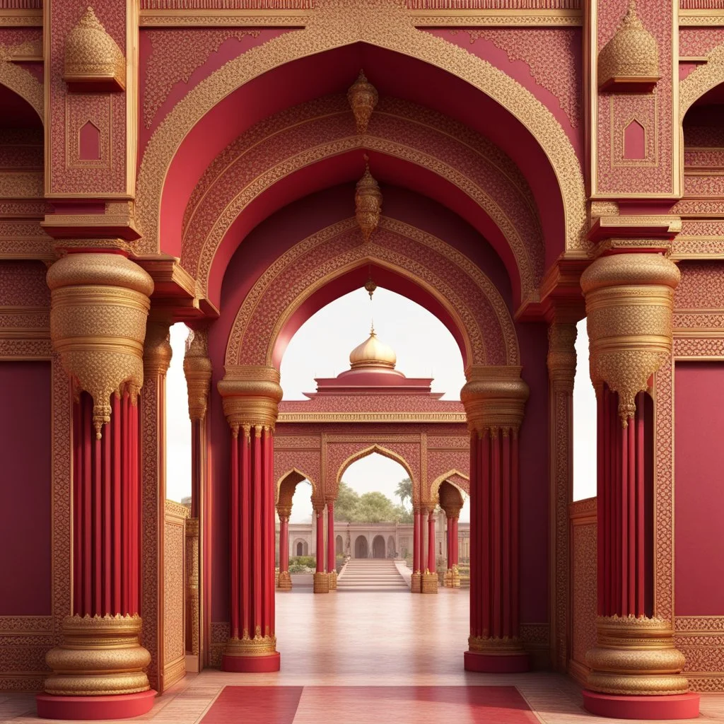 Hyper Realistic Traditional Indian Palace's Gate Traditionally Crafted Maroon Arches And Red Pillars With Golden Work.