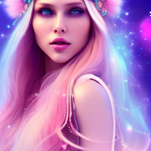 beautiful, soft, smiling face, whole head, long straight blonde hair blues eyes, crown on the head, clothing in transparent bluish and pink veil, background brillante bluish and pink, hight definition, 8K