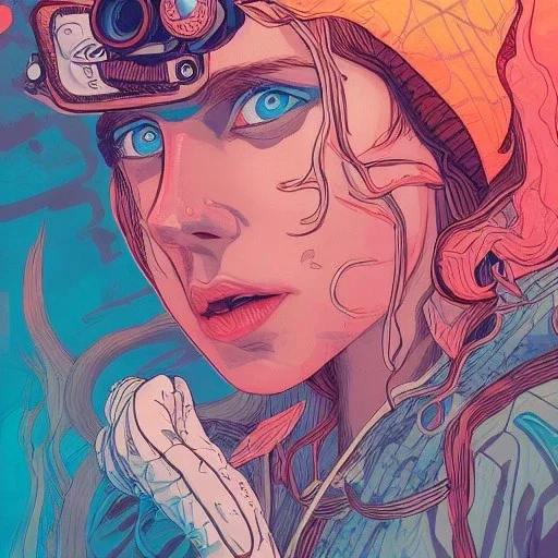 singer Danish MØ face, Camera., concept art, hyper detailed, asaf hanuka, dan mumford, kilian eng, post-apocalyptic, oil on canvas