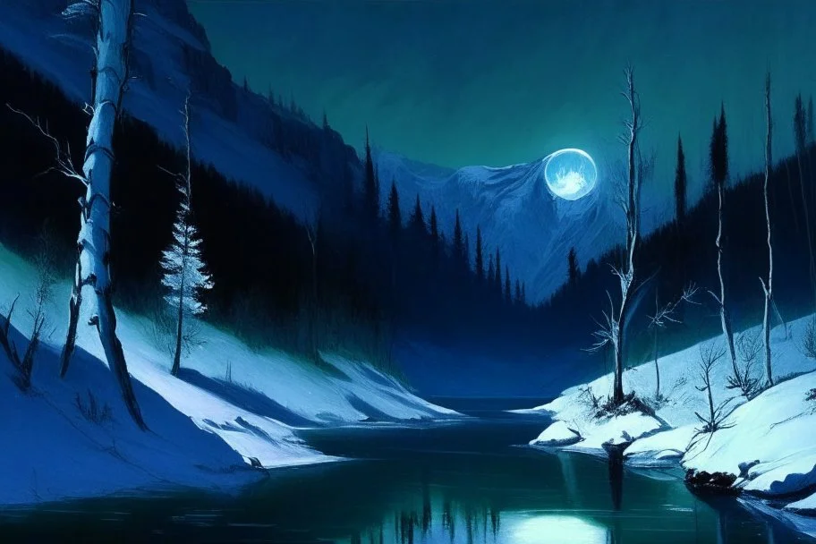 night, moon, people, pine trees, vegetation, river, ice, winter, mountains, edouard manet painting