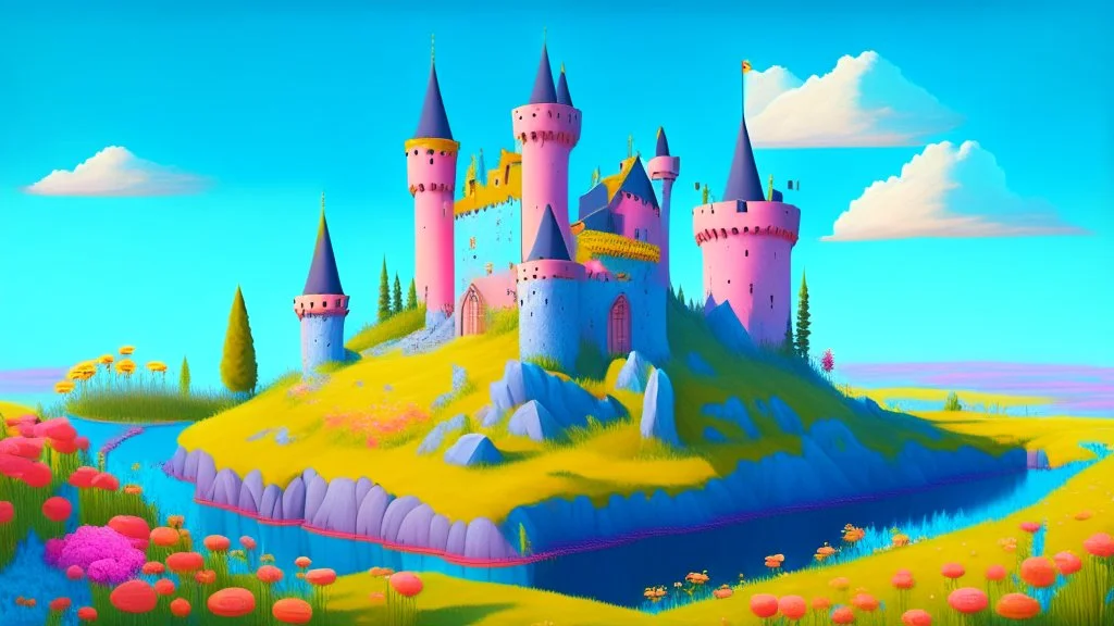 Single castle on a hill, Pink walls, orange towers, yellow flowers on the ground, dark blue roof and aqua blue sky and moat, very detailed and realistic