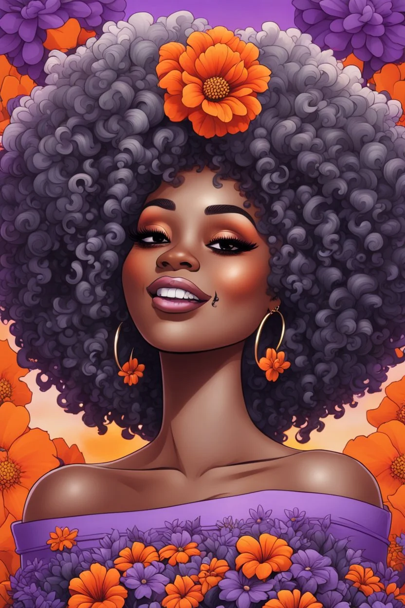 Create an psychedelic cartoon image of a curvy black female wearing a grey off the shoulder blouse and she is looking down with Prominent makeup. she smiles with platinum cap on one tooth . Highly detailed tightly curly black afro. Background of large orange and purple flowers surrounding her