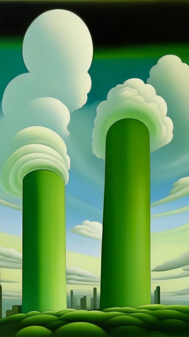 Towers in light green clouds painted by Georgia O'Keeffe