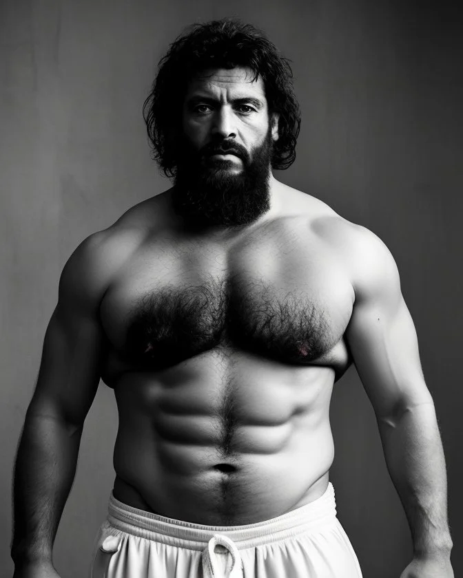 full figure shot photography of a burly stocky turkish prisoners , 55 years old shirtless in white dirty pants, long beard, long hair , in a dark prison, dirty, ugly, bullneck, muscular, manly chest, shirtless, bulge, misery and poverty, emotive eyes, photorealistic, ultradetailed, 32k, side view from below