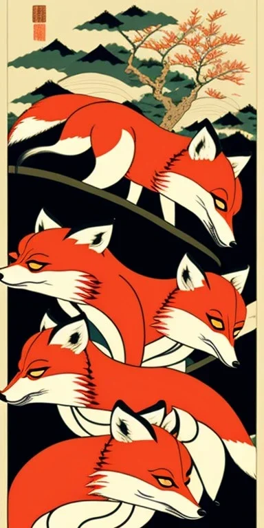  a group of foxes that are on top of each other, a poster by Nōami, ukiyo-e, anime aesthetic, minimalist.