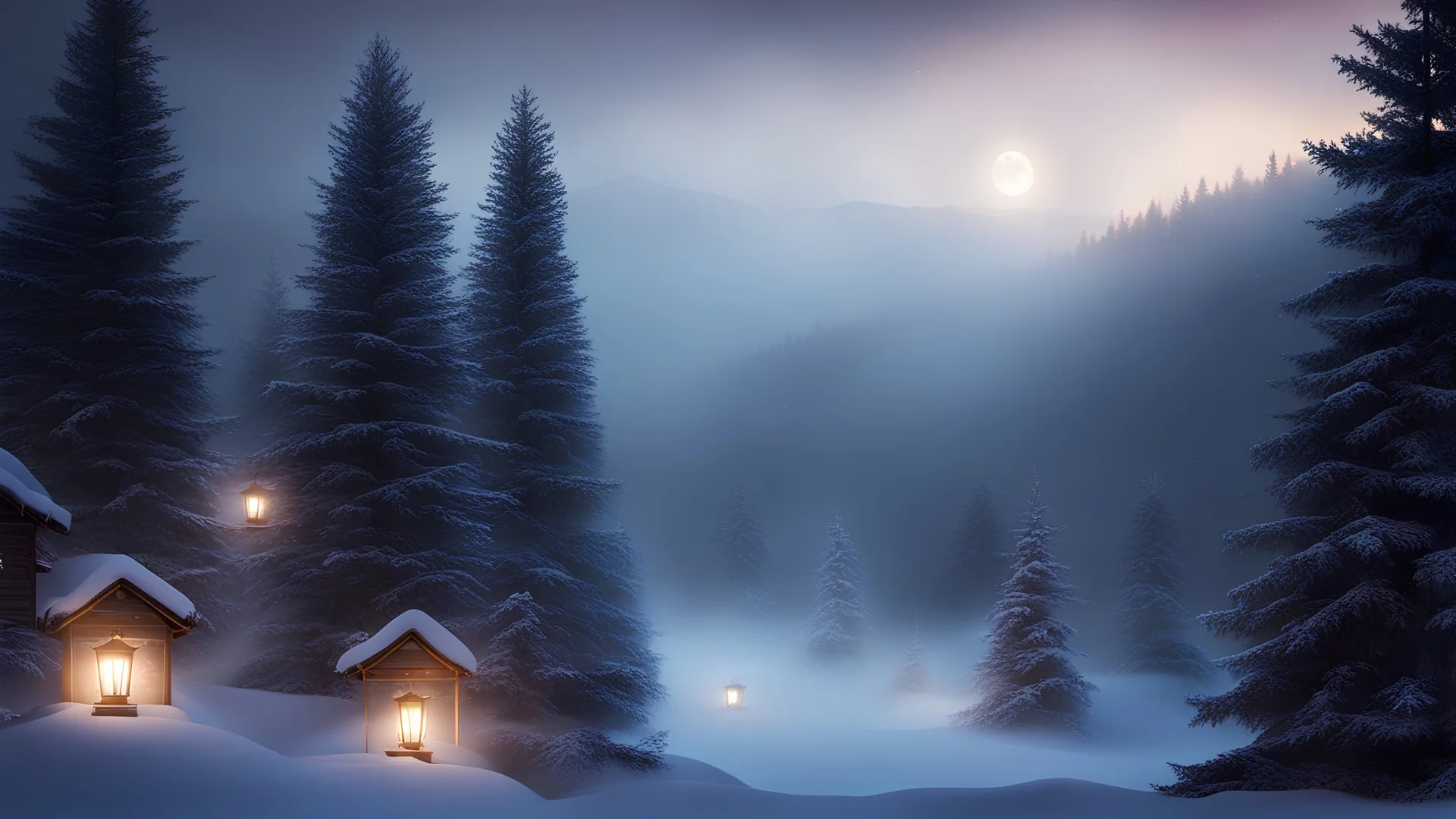 fir forrest scenery, heavy mist,valley,creek,forest,christmas lanterns,tree,,nature,night,snow,fir tree,high-quality photograph,zeiss prime lens, bokeh , high detail, smooth render, unreal engine 5, dust effect, vivid colors,night