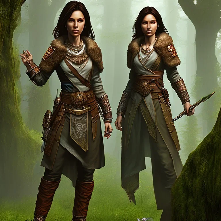 dungeons and dragons, female human, druid, brown hair, brown eyes, full body, realistic face, short hair, facial scarring, hair tied back