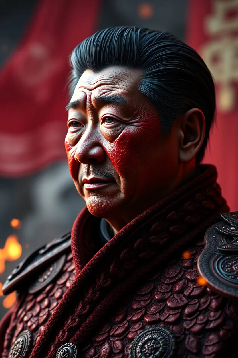 President Xi Jinping , red skin, scales, unreal engine 6, high detail, intricate, cinematic. photoshoot style, intricate, studio lighting, masterpiece , highly detailed, 8k, best quality, fire, smoke, dramatic,d,<lora:mshn:0.7>,<lyco:Warrior_Couture:0.5>,