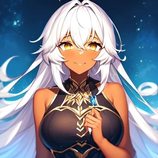 girl, masterpiece, best quality, volumetric lighting, dynamic pose, detailed outfit, perfect eyes, white hair, golden eyes, messy hair, long hair, dark elf, nervous smile,