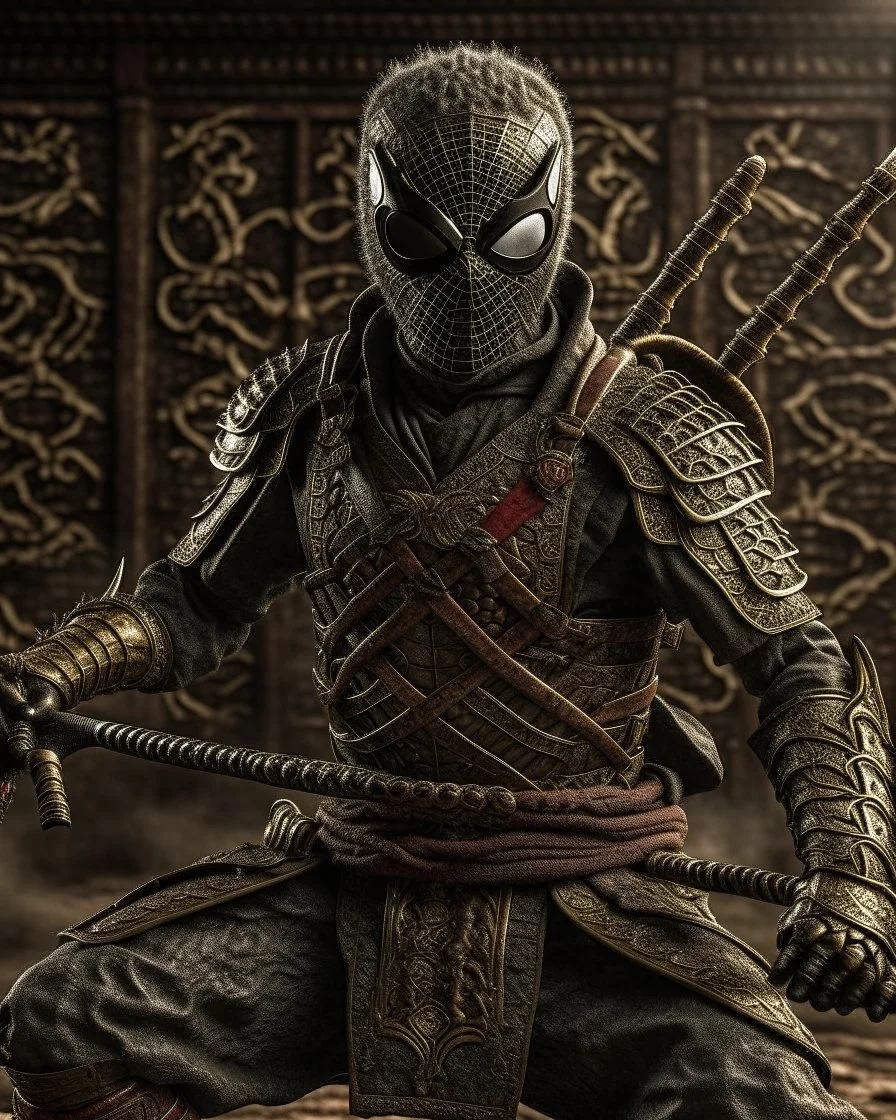 Hyper realistic spiderman ancient samurai style, use samurai weapon, intricate ancient armor, ancient background, elegant, grey and black smoke, stunning, render, hyper realistic, octane render, surrounding by lightning smoke effect