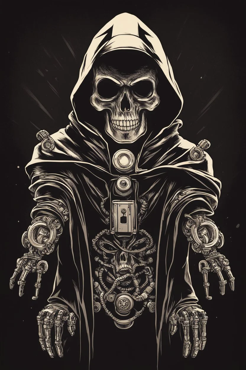 skull head on toy robot in a black hooded cloak drawn in a retro mascot style, inside a light diamond shape on a black background, monochromatic