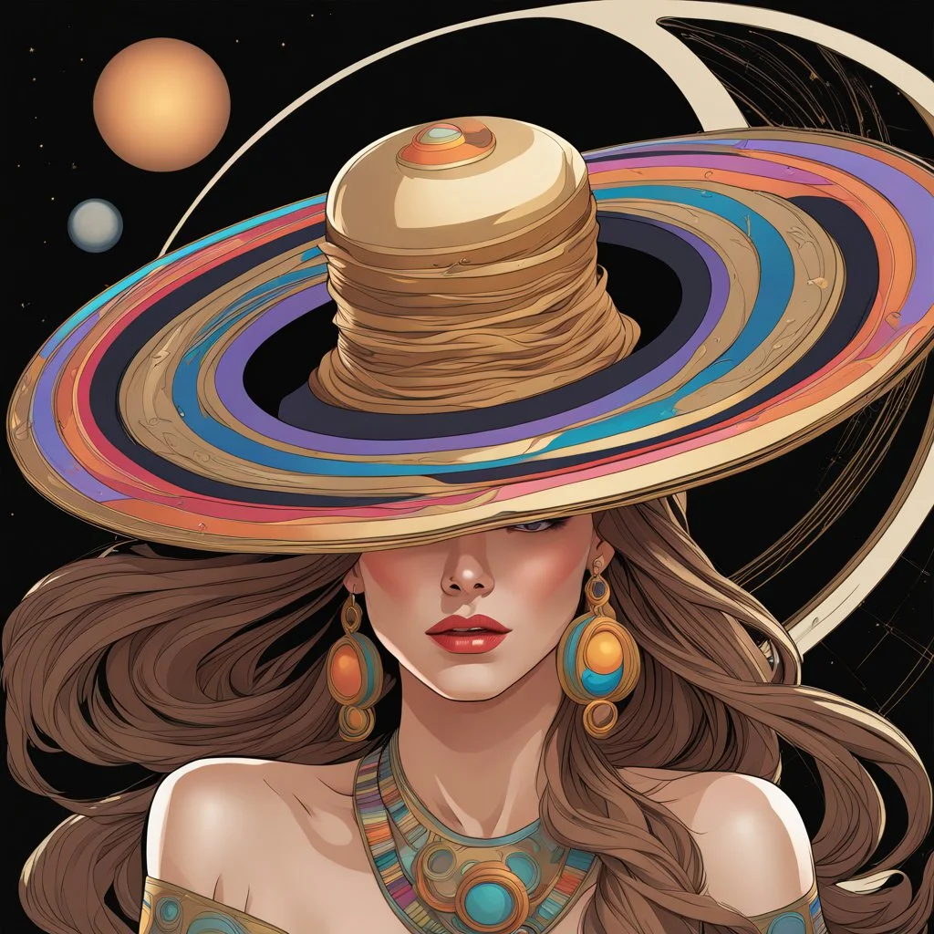 Fantastical hat, Sun sun hat which looks like the planet Saturn with the rings of Saturn making up its brim, black background, by Stanley Artgerm, by Mucha, bright astral colors, digital art.