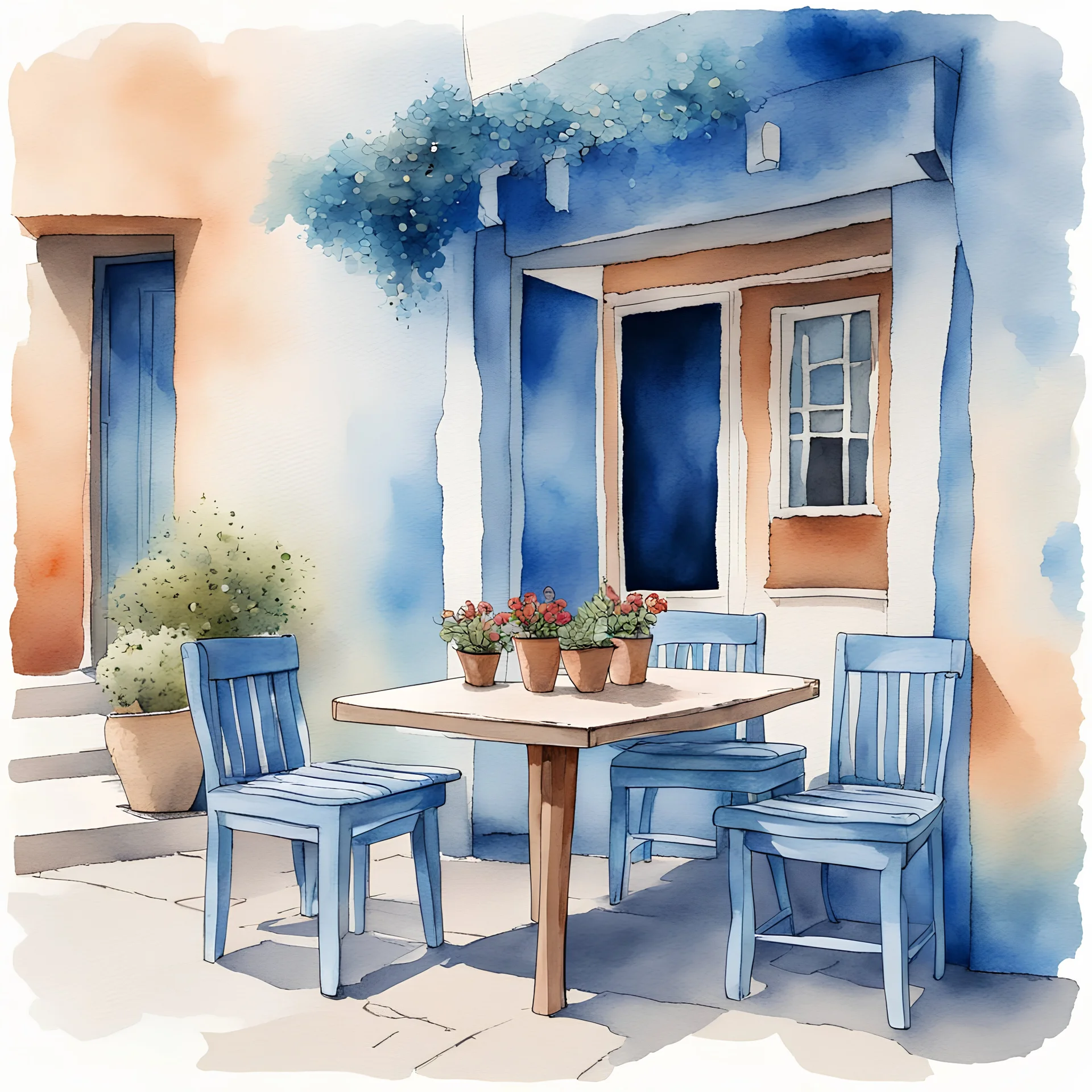 A table with four legs and two chairs in front of the entrance of a Greek taverna in Santorini. Watercolor art with ink outline