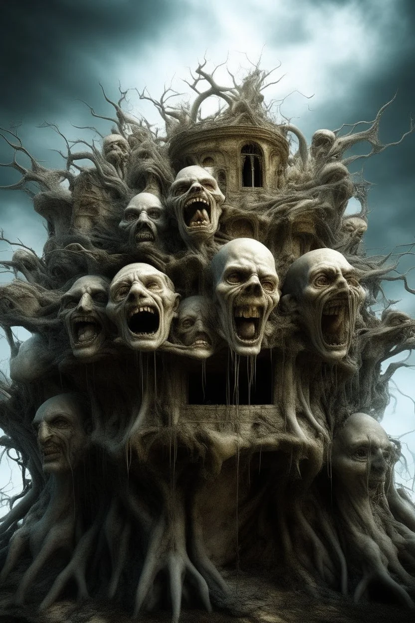 surrealis monochrome A fragmented, surreal sculpture liguid color of photorealistic image 3d,psychedelic art of an castle glossy emerging from dreamlike a crumbling building. The face appears pale with deep cracks and intricate details, evoking a haunting expression. Blackened tree branches intertwine with the gold mengkilat cracks, set against a backdrop of stormy, cloud-filled skies. bauhaus art The overall tone is dark and moody, suggesting themes of decay and transformation.