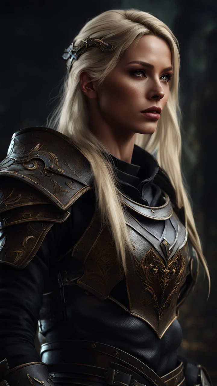 blonde female hunter wearing leather half armour dark fantasy Realistic 4k