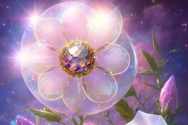 one big crystal subtle flower in a galactic ambiance of the sky, transparent petals, delicate colors, in the foreground,with a little beautiful fairy, full of details, smooth, bright sunshine，soft light atmosphere, light effect，vaporwave colorful, concept art, smooth, extremely sharp detail, finely tuned detail, ultra high definition, 8 k, unreal engine 5, ultra sharp focus