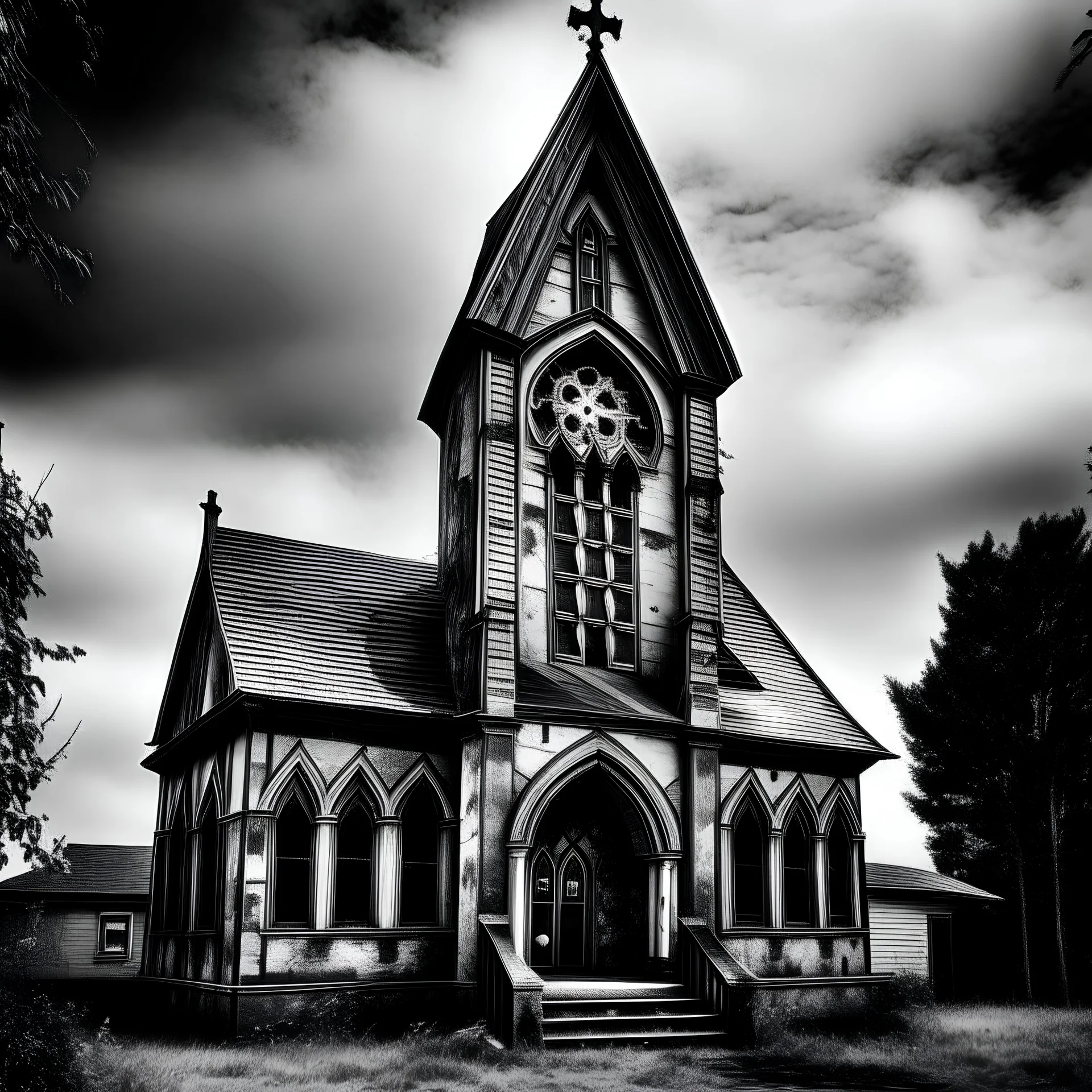 black and white old church satanic