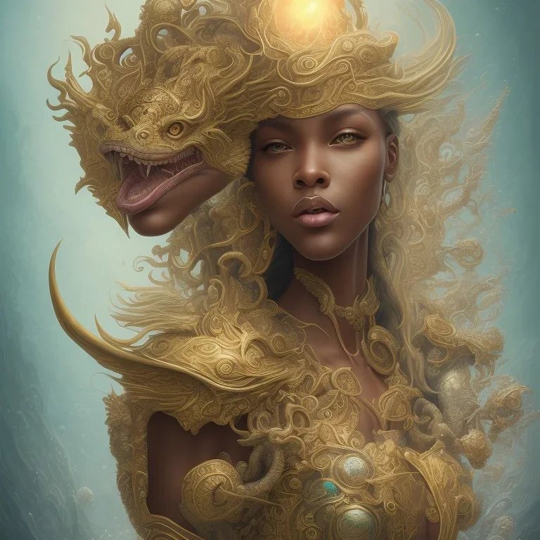 sango fantasy, fantasy magic, intricate, sharp focus, illustration, highly detailed, digital painting, concept art, matte, artgerm and paul lewin and kehinde wiley, masterpiece sexy lips Asian afro lips black African lady body mermaid Dragon head golden space lady sea under water mermaid pretty